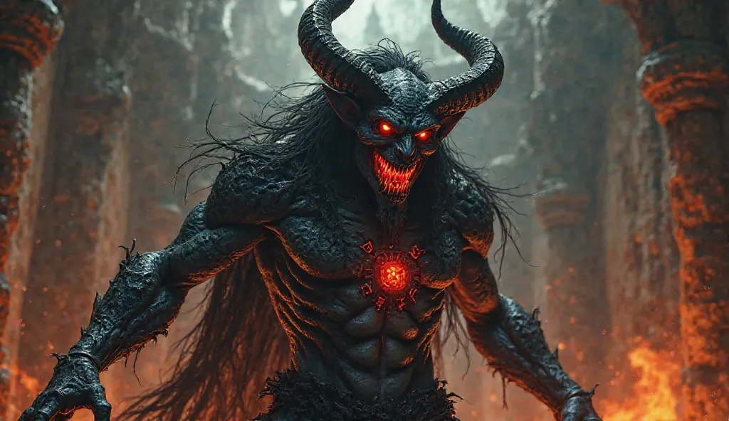 A terrifying, ultra-detailed demon with black, sinewy skin covered in organic, vein-like textures. The demon has glowing red eyes and a sinister grin, exuding a powerful, menacing aura. Large, curved horns extend from its head, and long, flowing black hair...