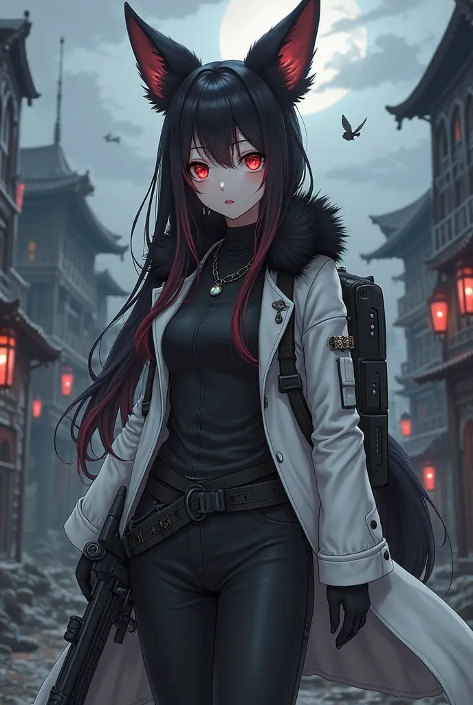 Young tall girl (236 cm) faces with long ones, flowing black hair with red strands, very large protruding breasts, with big black fox ears and glowing red eyes. She has a fluffy black fox tail red-stranded, in harmony with her. shirt She wears a stylish wh...