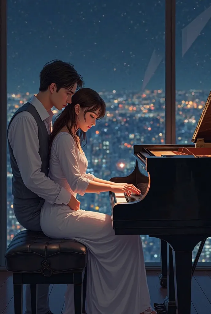 Generate another scene, in this one playing the piano at night in front of the windows, It is on the palm supported with the head backwards half lying down looking at him and he only wears a long white button-down shirt that goes down to his thighs. He wea...