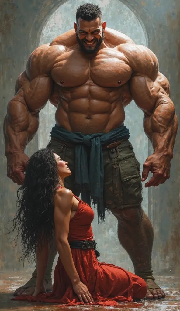  A very energetic man with very big muscles everywhere being begged with a girl to stay with him, kneeling down and the man should be looking at the camera, smiling