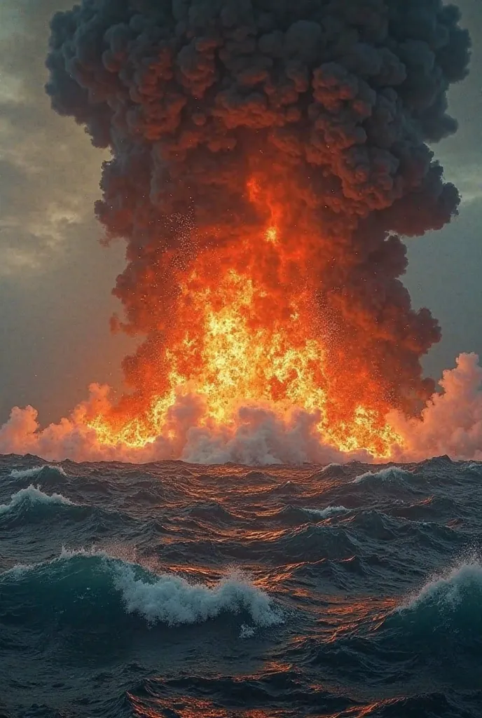 An apocalyptic scene of a vast ocean erupting into towering flames. The deep blue waters turn into fiery orange and red, with massive waves crashing and sending sparks and steam into the sky. Thick black smoke rises, darkening the horizon, while the intens...