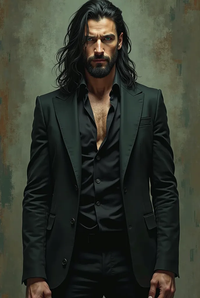 tall white man with green eyes with long black hair and a thin beard with a mysterious appearance and an athletic size wearing a black suit open all over 