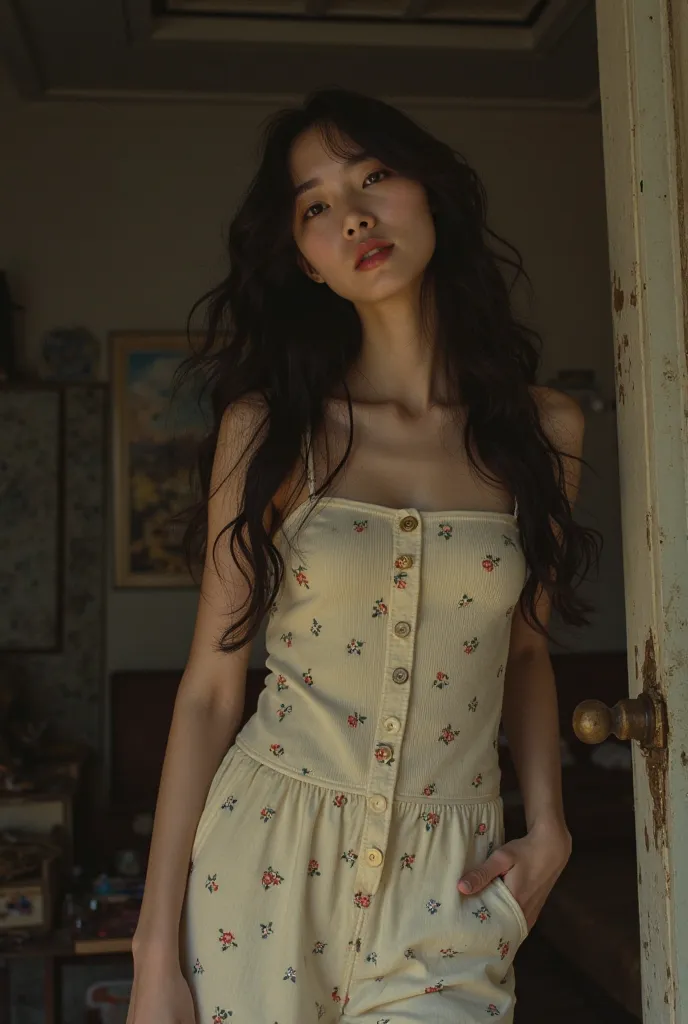 low angle shot, from below, a korean woman, long layer hair, dynamic pose in messy vintage japanese house, wearing a Square neck cream-colored romper with a delicate tiny floral pattern print, thin spaghetti straps, and a soft ribbed texture, dimly lit, lo...