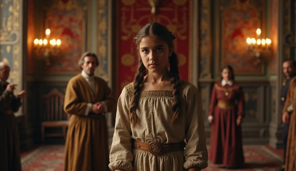 Juana, a determined  girl, medieval France, wearing a simple yet dignified tunic, standing confidently before the young prince Charles in a grand medieval court, noblemen whispering and observing from the background, a richly decorated hall with tapestries...