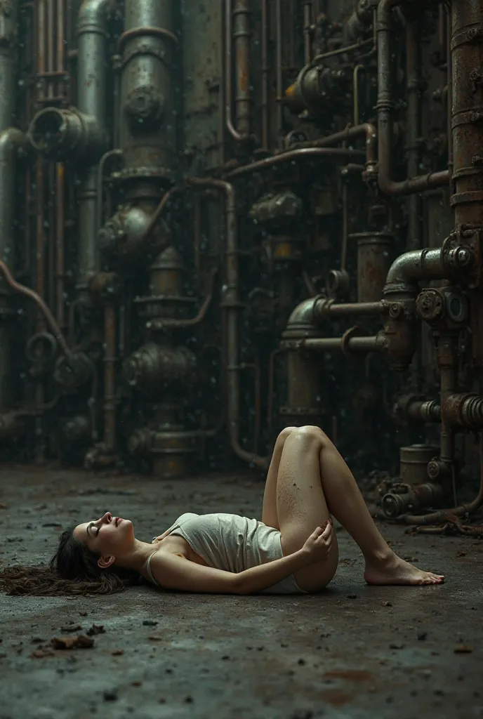 A woman lying on the floor with her eyes closed in a pipe and machine room, all very dirty.