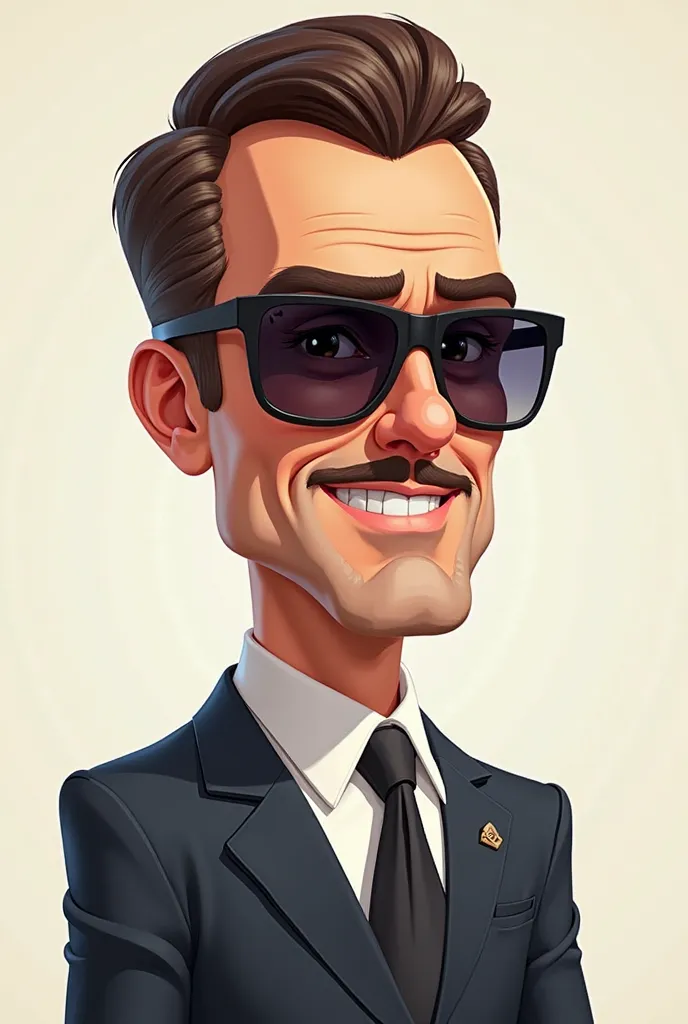 Create a cartoon-style character inspired by a confident and charismatic politician. He has short, slicked-back hair, a neatly trimmed mustache, and wears stylish sunglasses. He is dressed in a sharp suit with a serious yet slightly smirking expression, gi...