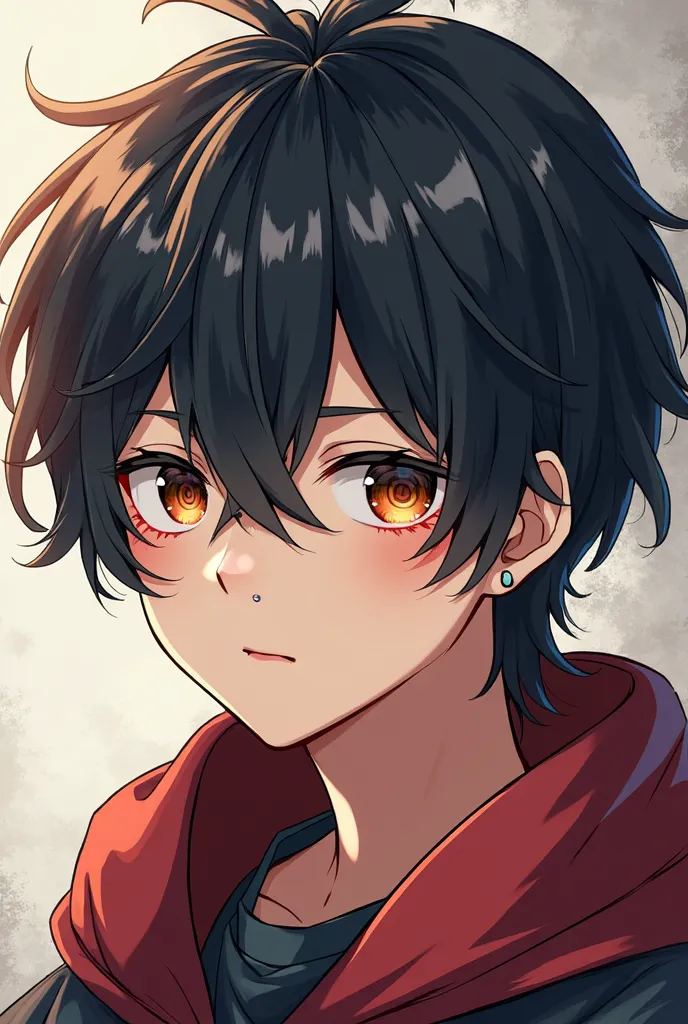 I need a guy with black hair hairstyle curtains slightly reddish ,face with brown eyes ,with a piercing in the left wing of the nose in anime style