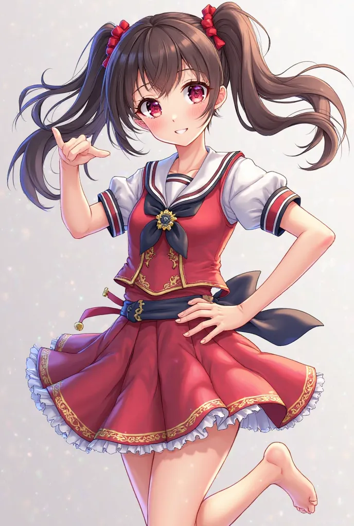 full body、girl、dark brown hair color、Twin Tails、pink eyes
uniformed