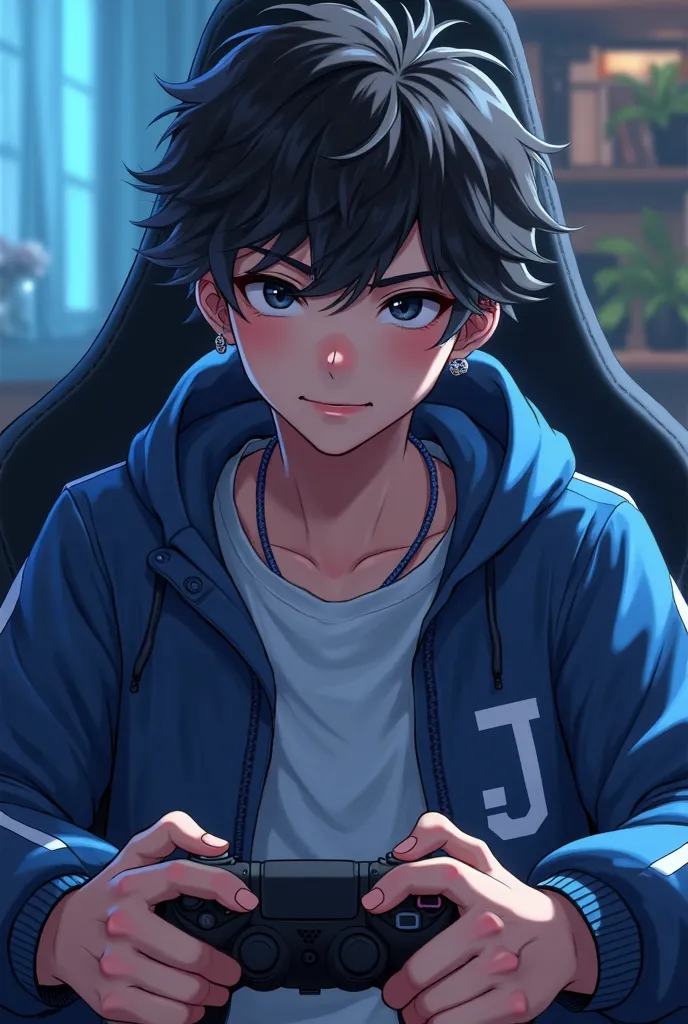 A sympathetic boy, (Male face slap, beautiful, pleasant, concentrated, enjoying), anime style, ( negro, hair, wavy curly, very short), (gamer style), WIDE MALE BODY TYPE, without muscle (gamer jacket , blue oscuro, Letter J logo, CLOSED), handsome, (3 earr...