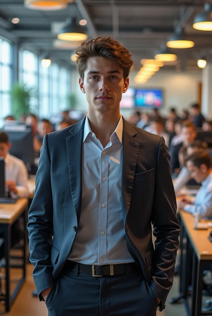 An image of a 25-year-old boy looking at the camera and behind him young people in offices working