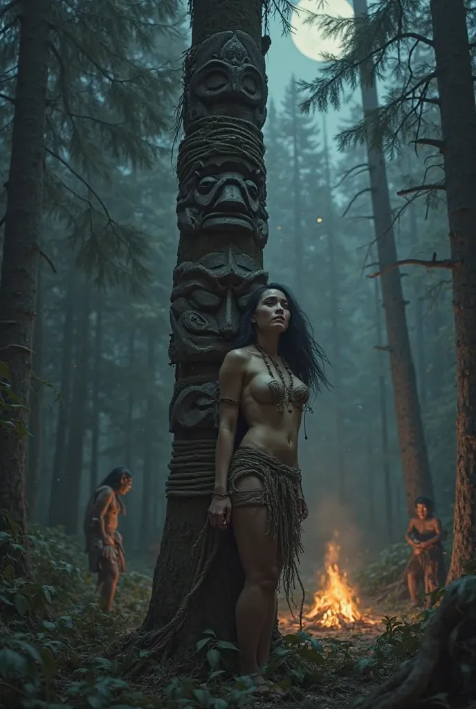 Woman with pretty breasts is attached by ropes to a totem by black Indians in a forest at night