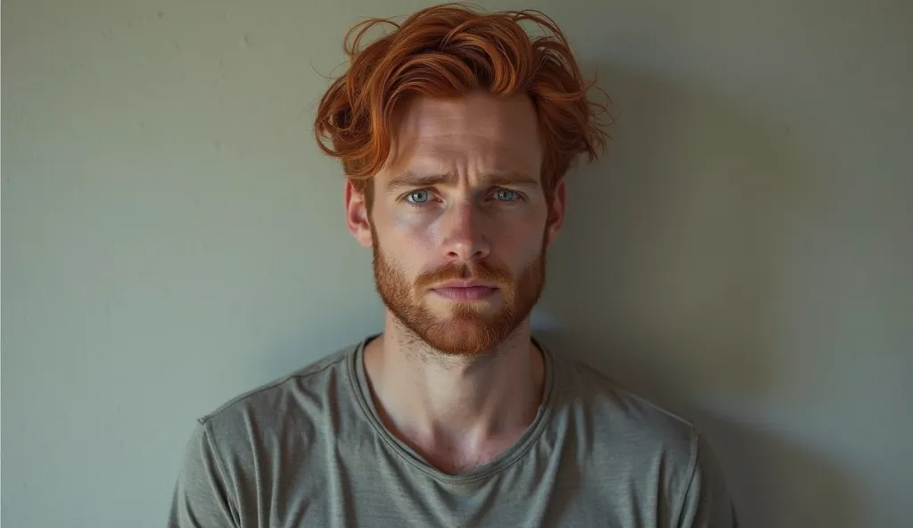 Creates a hyperrealistic image of a 30-year-old red-haired man. He has a sad face, a gray shirt, and is looking directly at the camera.
