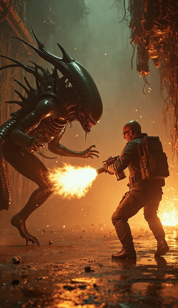 Generate a photorealistic, first-person view of a Xenomorph fighting a human with a flamethrower in the Alien Hive. The camera shows the Xenomorph lunging forward, with its claws slashing and tail whipping through the air. The human is illuminated by the f...