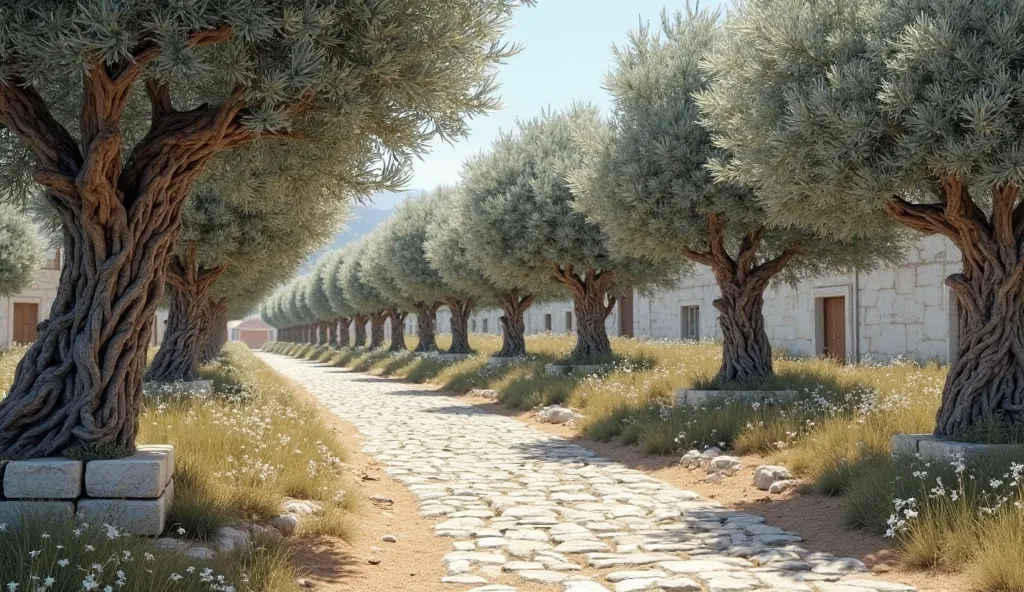 the olive grove beyond the short wall made of white stones