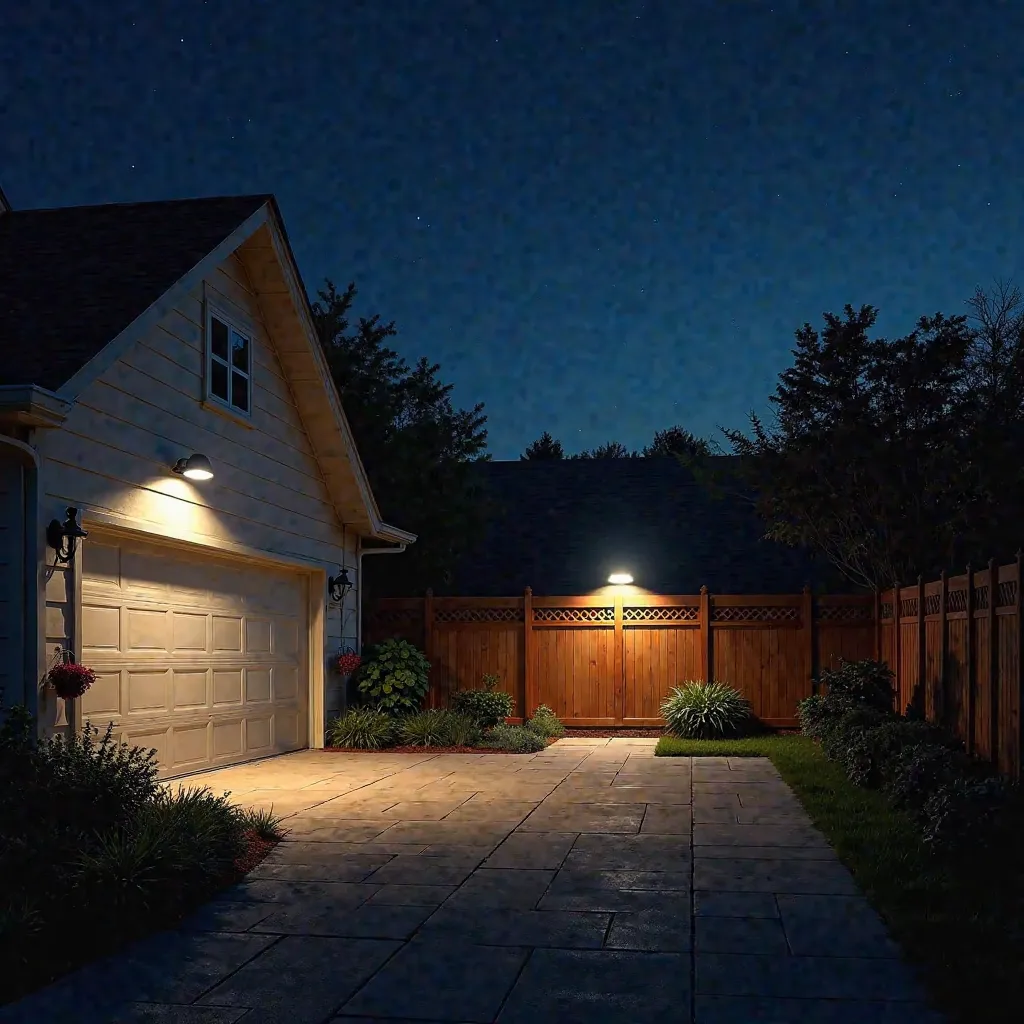 Create a realistic image of dusk-to-dawn lights illuminating a suburban backyard at twilight. The lights are mounted on a garage and a wooden fence, casting a warm glow over a paved driveway and a small garden. The sky transitions from deep blue to black, ...