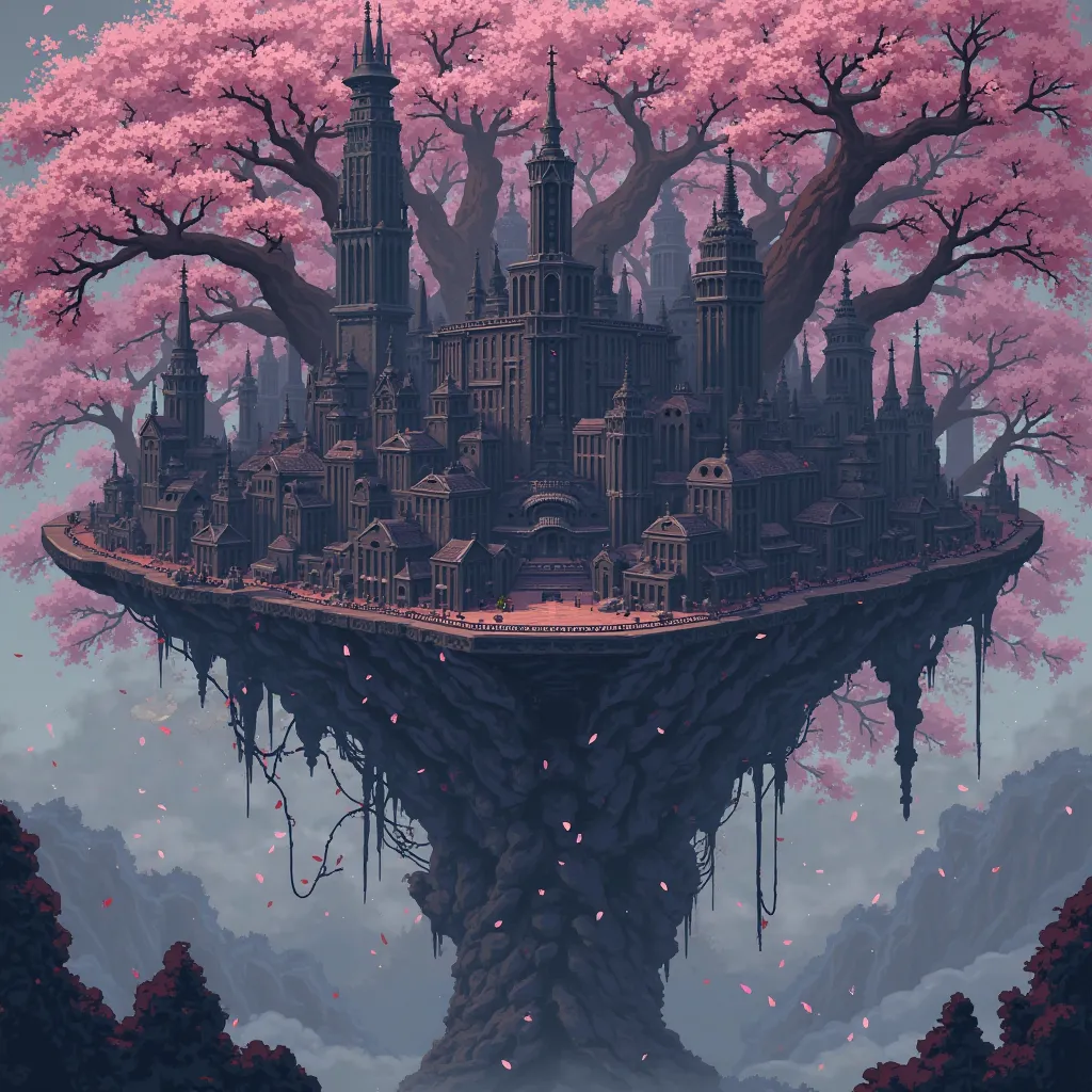 "A highly detailed pixel art of a gothic city subtly shaped like a candelabrum. The city should have towering dark spires, intricate bridges, and old stone buildings with ornate architecture. The color palette should be dark, with shades of purple, black, ...