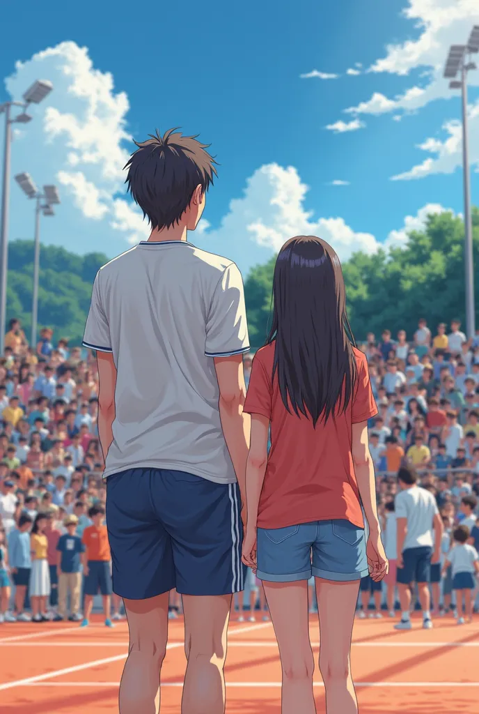 anime image of a couple of people with a crowd of people, anime style. 8k, volley court background, anime style illustration, high quality anime artstyle, in anime style, 2022 anime style, 2 0 2 2 anime style, pixiv style, high quality fanart, kawacy, offi...