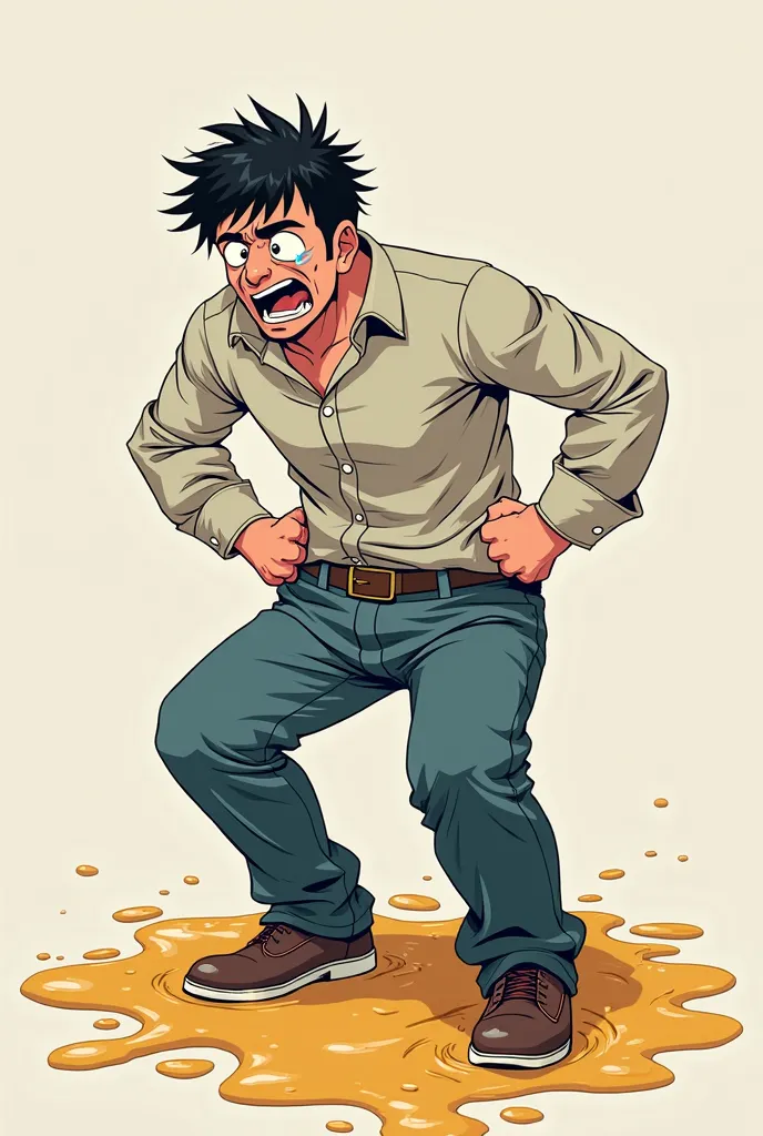 Anime man embarrassed crying pee stain on pants pee streaming down legs