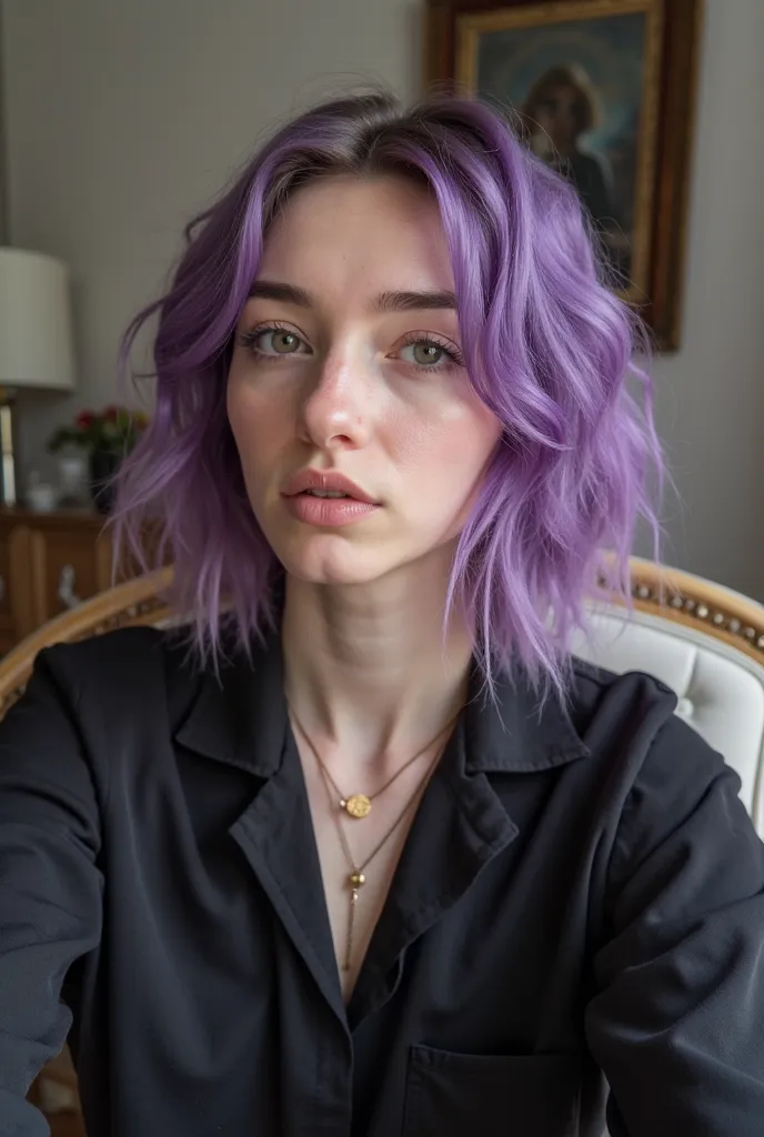 a woman with purple hair and a black blouse sitting on a chair,  17-year-old Gothic , very low quality picture, 18 years old, around 1 , profile picture, 1 8 are, profile image, selfie of a young woman, 1 ,  She has about 1 , very low quality