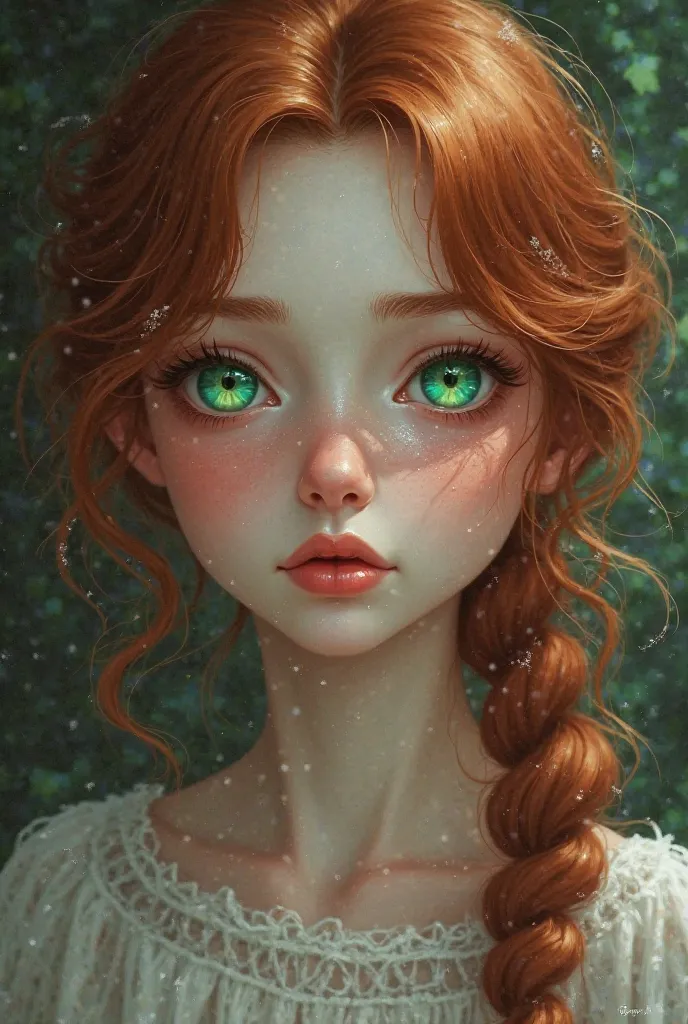 Girl, oval face, big round eyes, emerald green, pink iris, red-brown hair