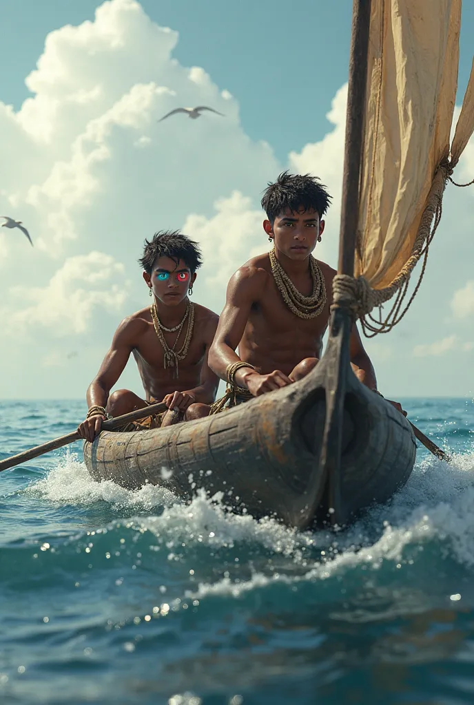 two black indigenous men aged 15 to 17 are on a dugout in the sea. One has a blue right eye and a black left eye. The second has a black right eye and a blue left eye.