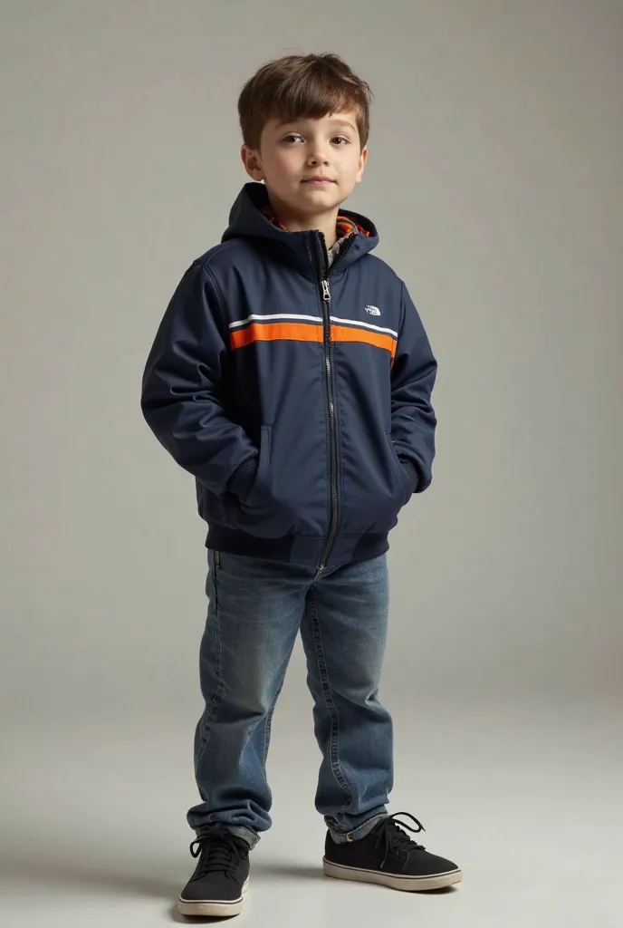 a young schoolboy with a navy blue bust,  and black sneakers , His jacket is navy blue, but has an orange stripe on the side, Exactly where the waist goes to the ribs, it has to be a realistic image,  VERY REALISTIC