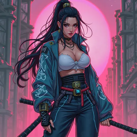 Create for me the image of a female samurai anime manga, In the traits of the anime Deamon Slayer's style, The clothes now have an urban-futuristic style, mixing samurai tradition with technological sneakers, loose jackets, and fabrics with neon patterns. ...