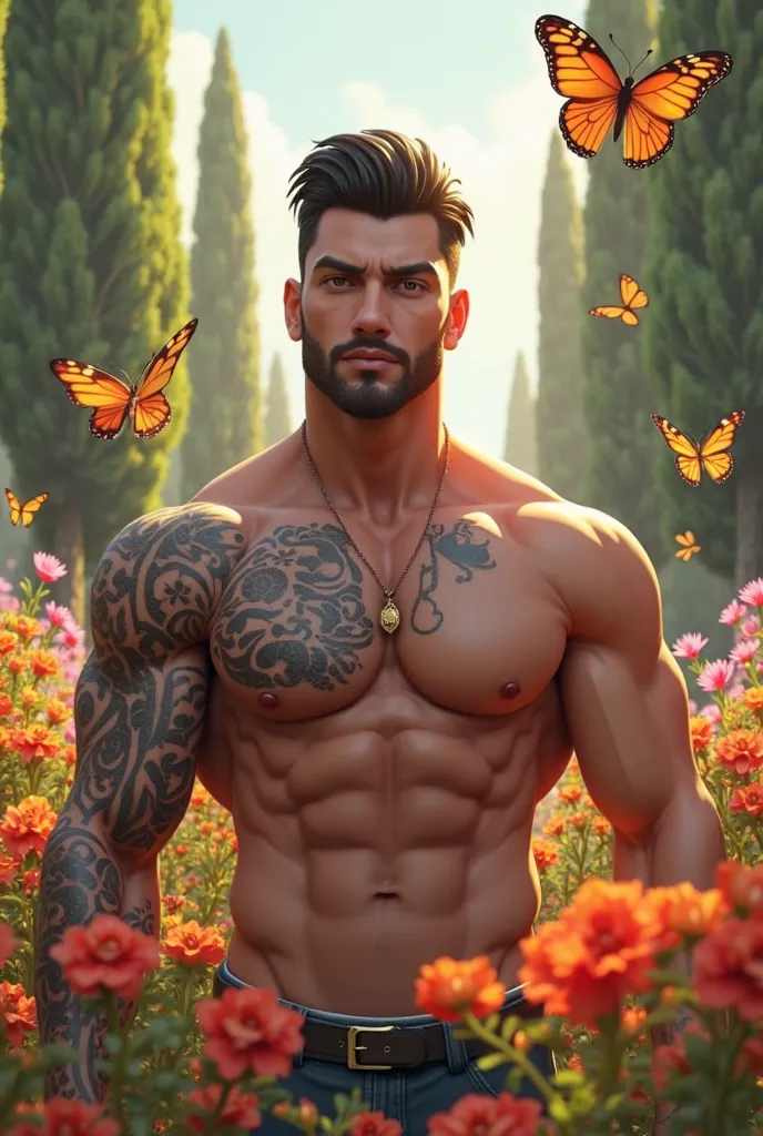  Create a 3D illustration featuring a handsome and realistic 34-year-old man , short black hair, trimmed beard, Muscular, with tattoos, wearing a simple outfit and scorching Sonic in a flower garden ,  butterflies, trees and a beautiful sun.