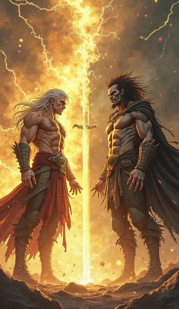 An intense confrontation between the hero and the villain, both standing in a final combat stance in a cinematic, ultra-realistic anime style. The hero stands to the left, imposing and powerful. His muscular body is accentuated with every detail of his ski...