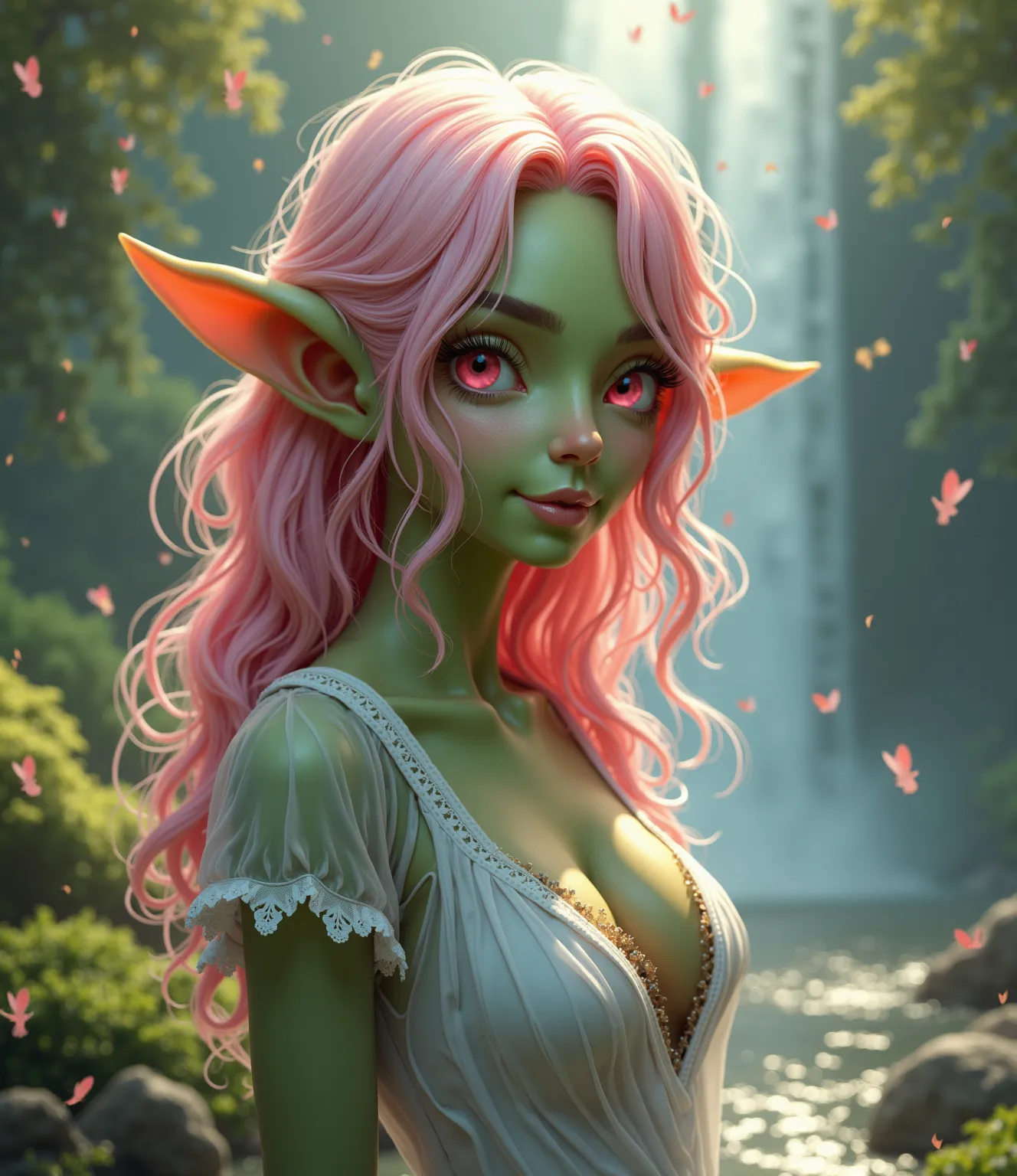 (((realistic images))) ((( masterpiece, best quality ))), ((( high resolution))) (masterpiece), ((best quality)) create a sexy ogre girl, green skin , light pink hair,  pink eyes , pink and white , leaves that flutter, Fall colors , transparent white dress...