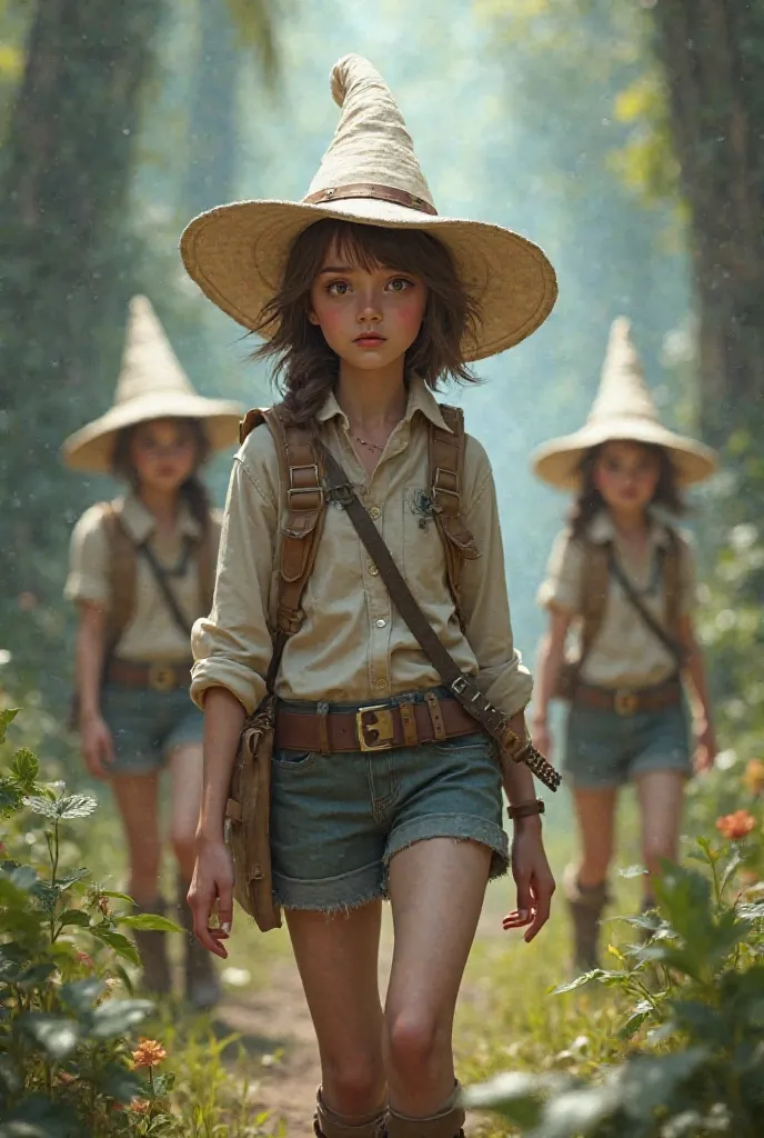 An image like the one above but with tall white hats as well as her clothing with khaki backpacks