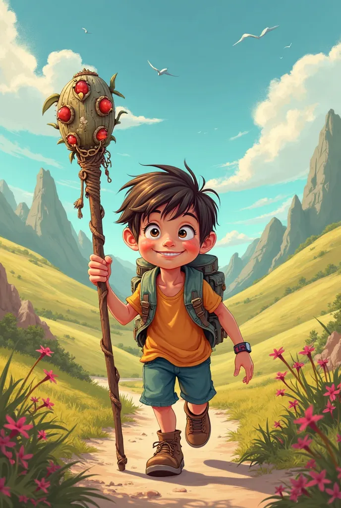 Traveling cartoon boy with hobostick