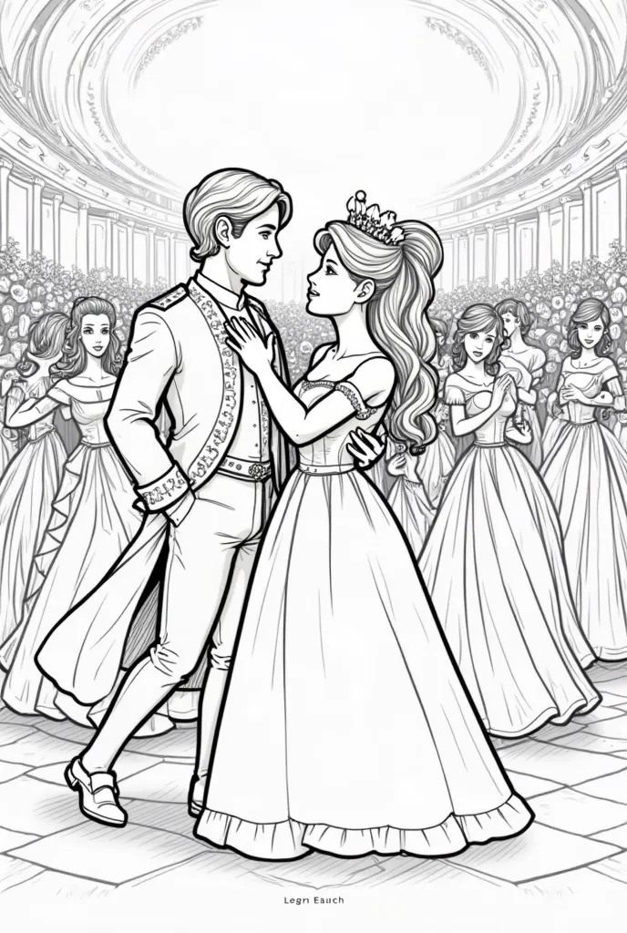 A royal ball scene with dancing princesses and princes, coloring book page for s, all white, kawaii style, s coloring book page, clean line art, white background, on paper, free lines, realistic sketch.