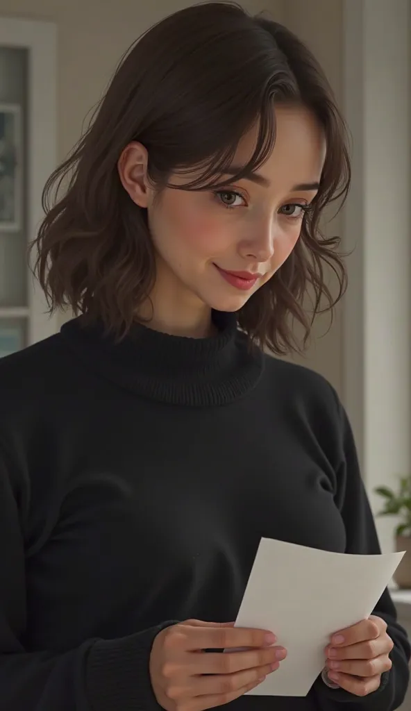 Two eyes of Sofia wearing a black sweater holds a letter in her hand with a small smile and in the back a blurry apartment.
