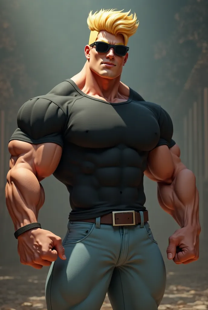 generate a realistic image of a muscular, cartoonish man with a voluminous blond quiff and black sunglasses covering his eyes, posing with his right arm flexed upwards showing his biceps. He is wearing a black short-sleeved t-shirt and light blue pants. Th...