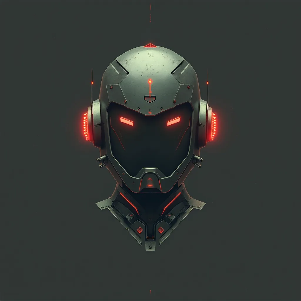 Design a minimalistic retrofuturistic dystopian robot logo, inspired by 1940s advertisements. The robot should have a simple, angular shape with smooth metallic surfaces and abstract, glowing accents. It should feature a helmet or visor without a face, emp...