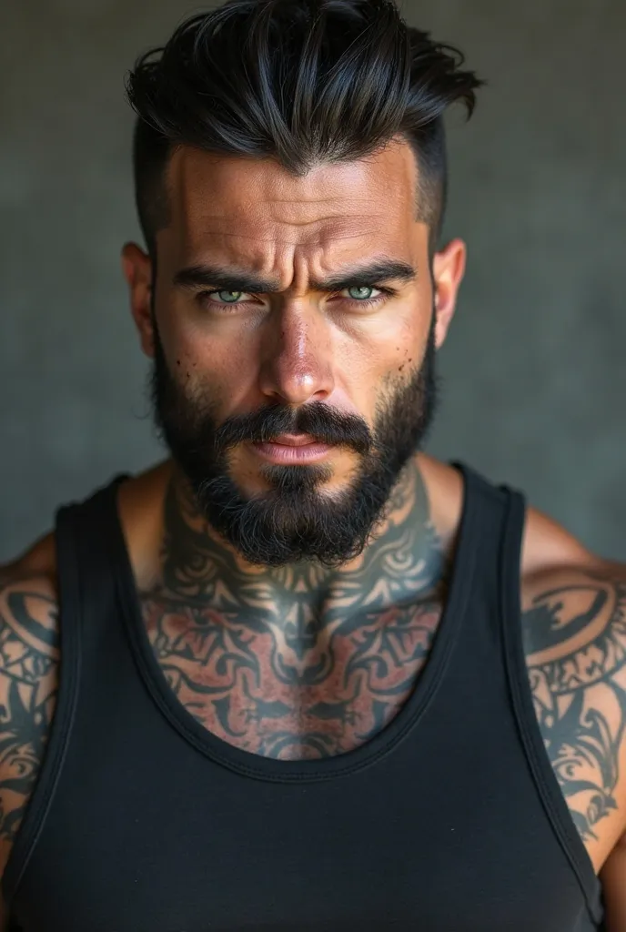 mann 
- well-trained
- dark blue eyes 
- tattoos on the neck and arms 

- very light beard
- dark brown thick hair with 
- black tight shirt 