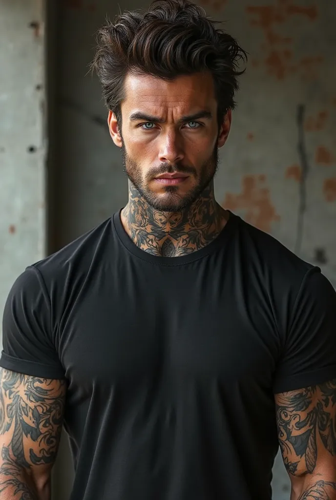 mann 
- well-trained
- dark blue eyes 
- tattoos on the neck and arms 


- dark brown thick hair with 
- black tight shirt 