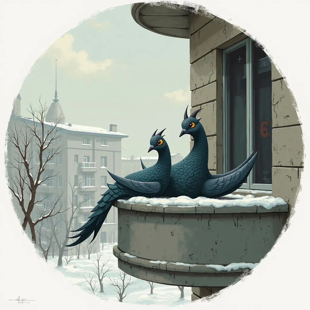 graphic illustration , draw a pigeon stylized as a dragon, who basks on Khrushchev's balcony, It&#39;s winter outside , circle-shaped image