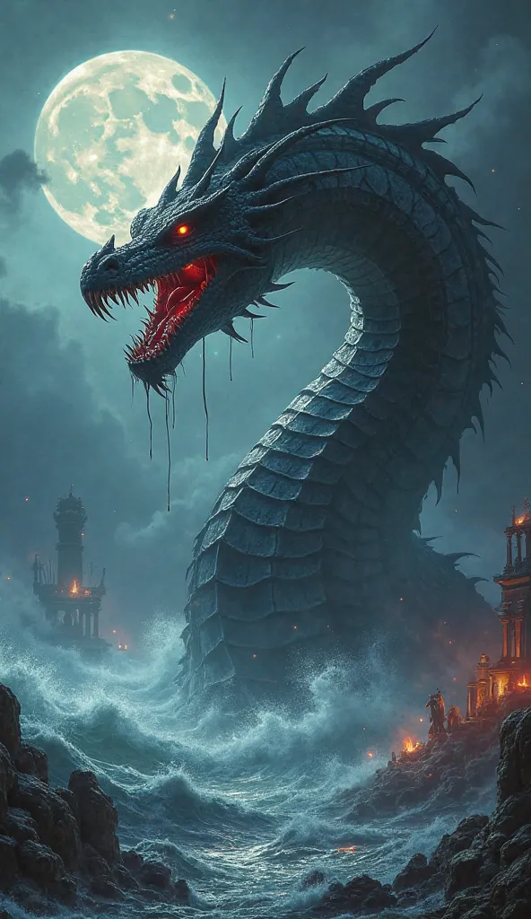 "A colossal serpentine creature emerging from the ocean, his body covered with black scales that reflect light of the moon with an ominous glow. His head, similar to that of a primitive dragon, has fangs as long as spears, dripping a dark and corrosive sub...