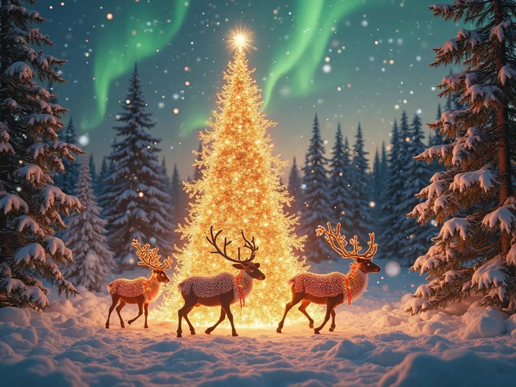 Create a stunning, commercially appealing Christmas scene set in a magical winter forest at twilight. The focal point is a towering, intricately decorated Christmas tree made entirely of shimmering golden light, with thousands of tiny, glowing ornaments fl...