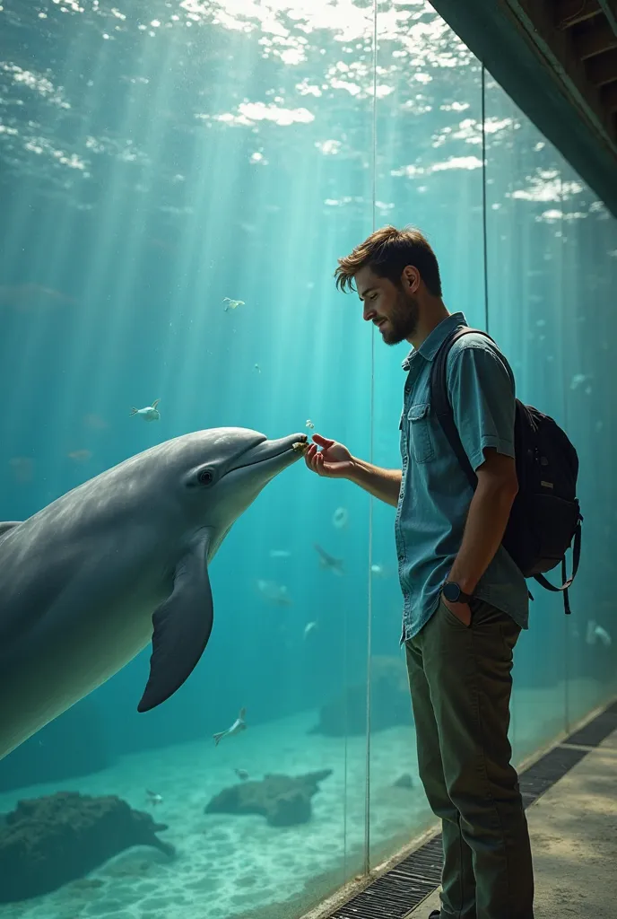 Man feeding dolphin in an aquarium