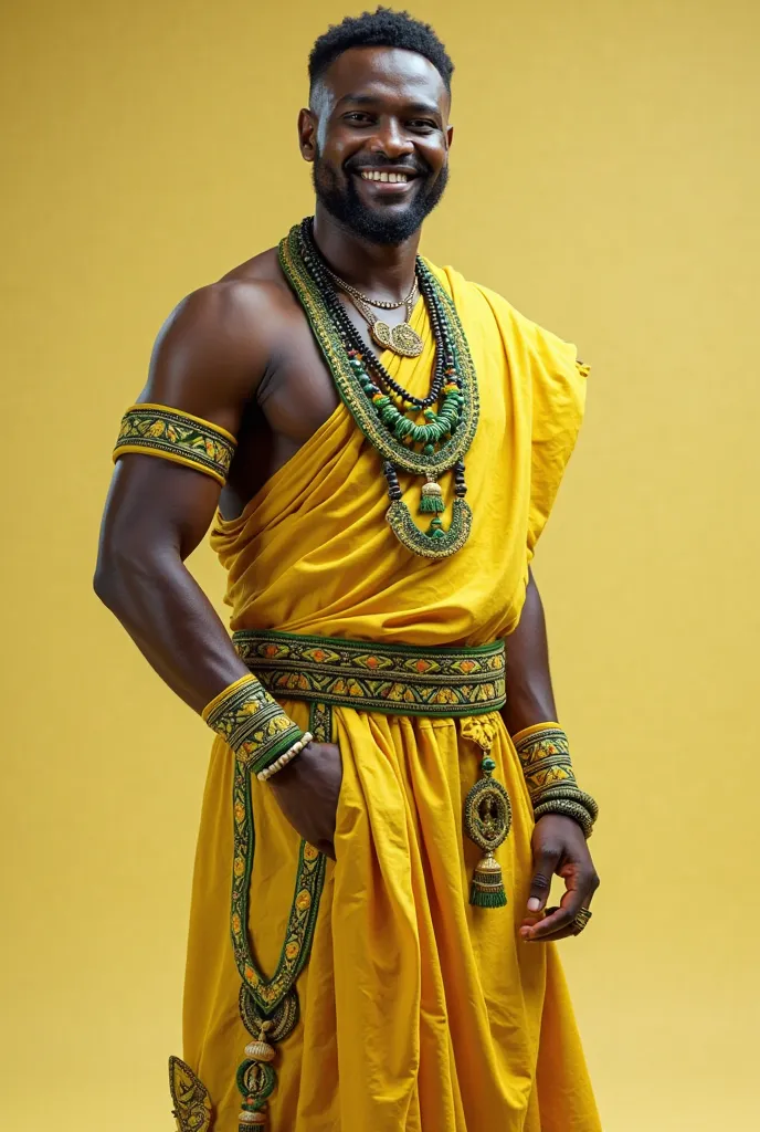 character , age Ethiopian humanoid model  , men , smiling lemon green tribal clothes , solid background  , full body