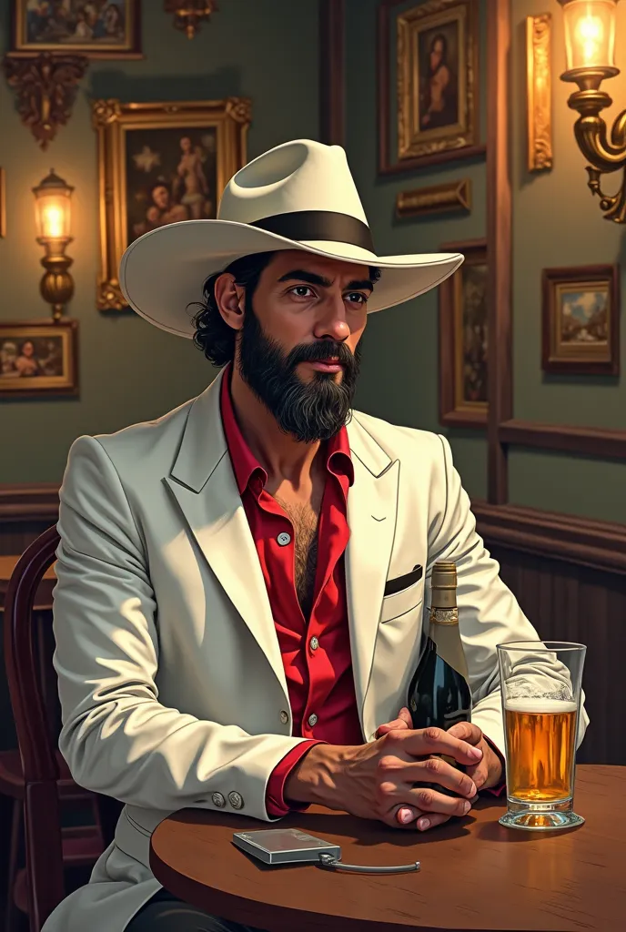 A detailed illustration by Zé Pelintra, the iconic entity of trickery, sitting in a bohemian bar. He wears his traditional impeccable white suit, red shirt and slanted Panama hat, transmitting charisma and mystery. On the table in front of you, a bottle of...