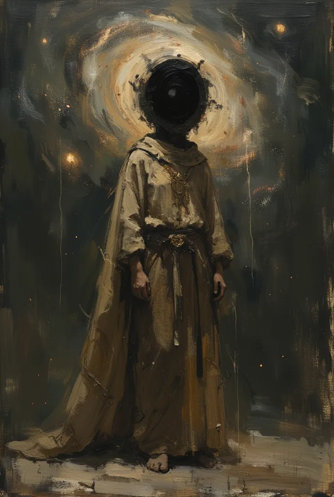 Man in costume and black hole head of galaxy black background ((oil painting)) ((Greek painting )), ((Dark theme)) 