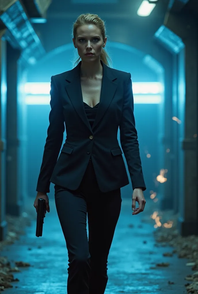 Scarlett Johansson, dressed in a sharp, tailored suit, moved with precision through the secret enemy base. Blue lights flickered overhead, casting an eerie glow on the sleek, metallic walls. Explosions shook the ground in the distance, but her focus never ...