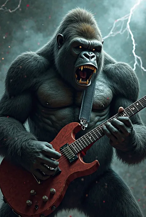 Gorilla playing heavy metal on electric guitar