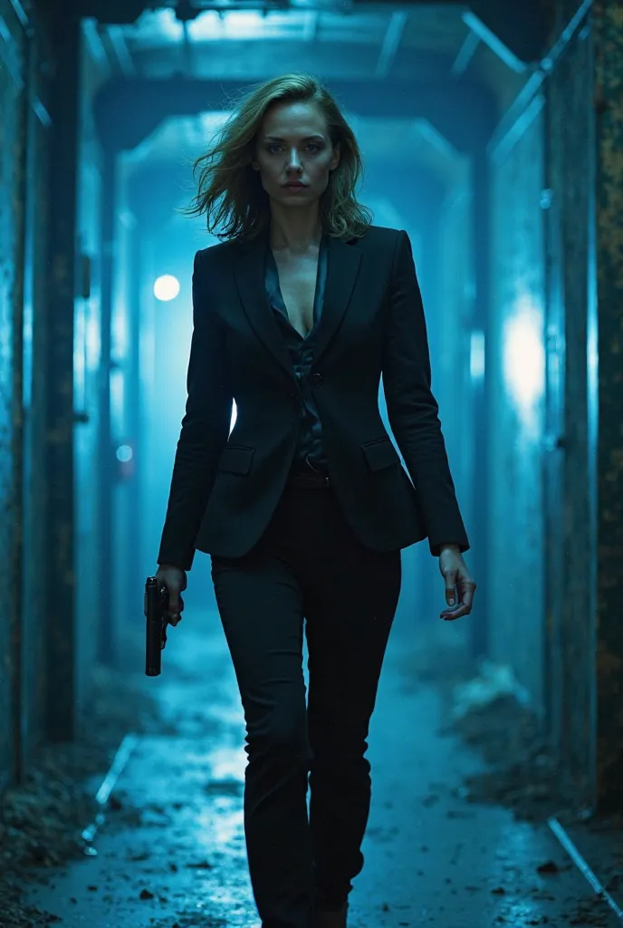 Scarlett Johansson, dressed in a sharp, tailored suit, moved with precision through the secret enemy base. Blue lights flickered overhead, casting an eerie glow on the sleek, metallic walls. Explosions shook the ground in the distance, but her focus never ...