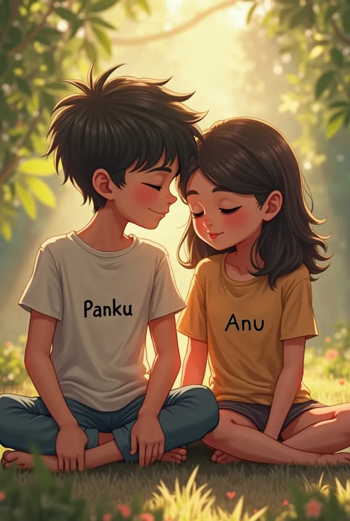 Girl and boy of age 20 years with boy name panku on his t shirt and girl name anu on her t shirt sitting together
