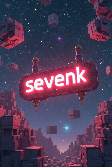 Image set in Minecraft but in space and that in the center of the image says SEVENK in bulominous letters